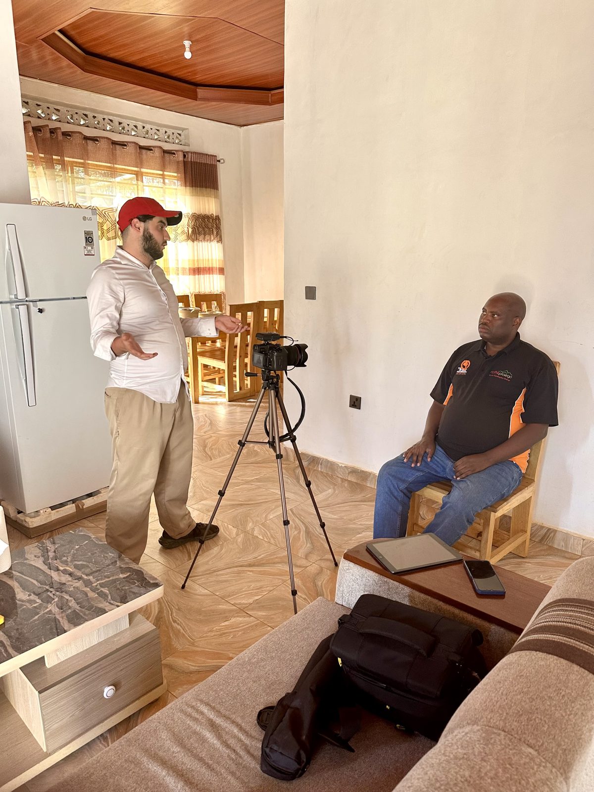 Judah Brody filming an interview on location in Rwanda